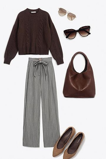 Styling a Brown Cardigan with Striped Trousers