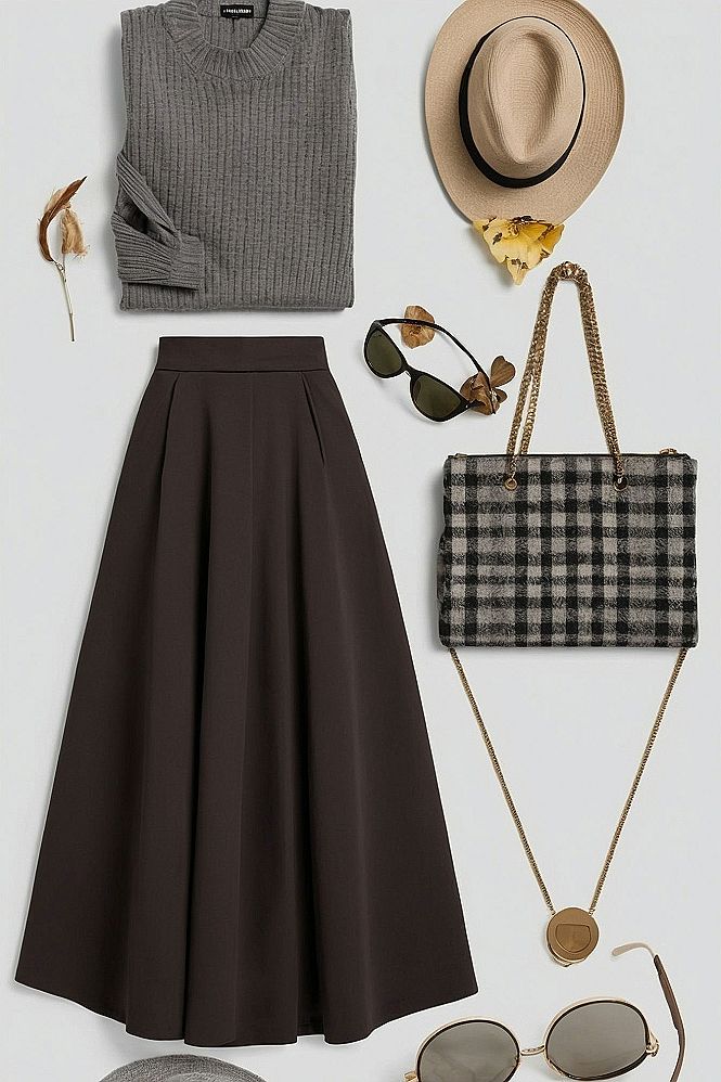 Pairing a Knit Top with a Pleated Skirt for Lunch