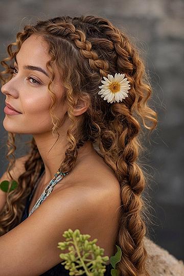 Dual Braided Crown With Curly Hawaiian Hair