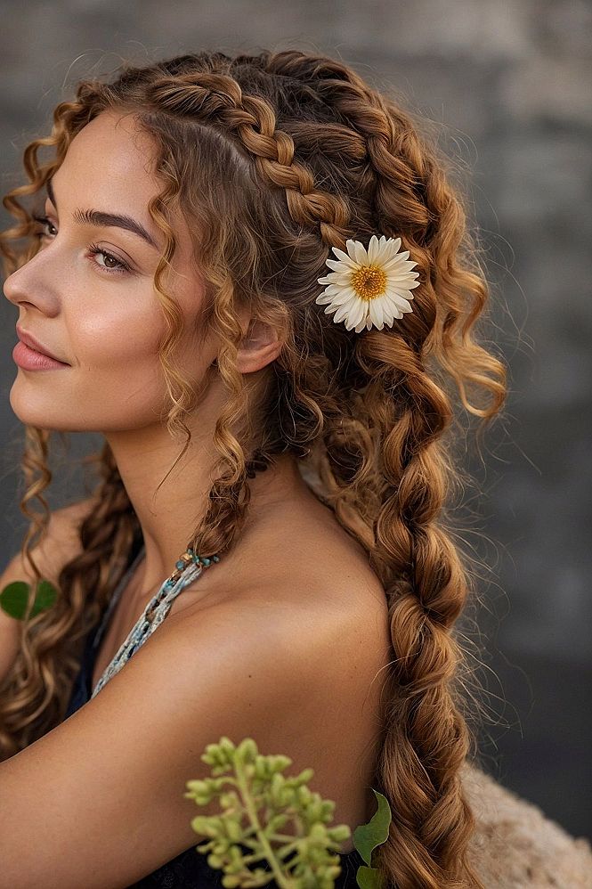 Dual Braided Crown With Curly Hawaiian Hair
