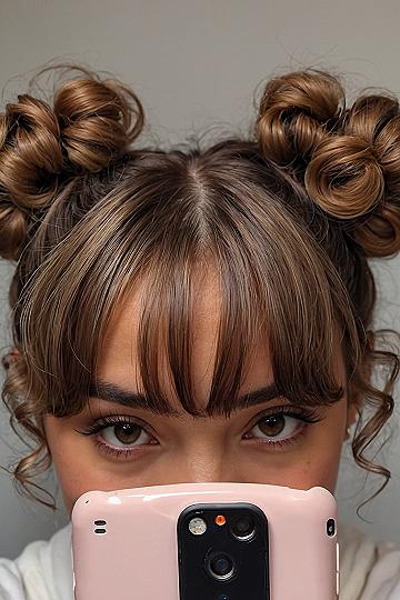 Curly Space Buns with Soft Bangs