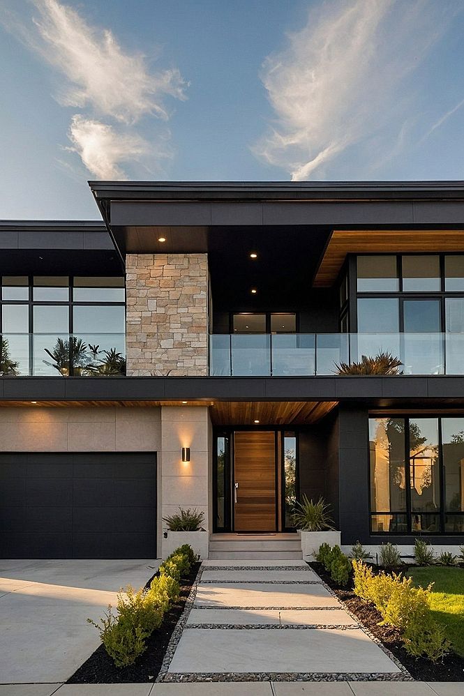 Blending Natural Stone And Dark Siding On Modern Homes