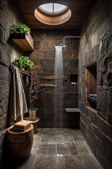 Natural Stone Walk-In Showers With Overhead Skylights