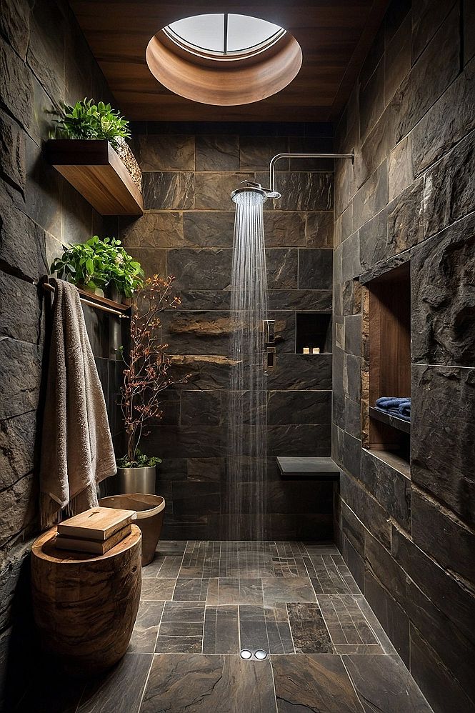 Natural Stone Walk-In Showers With Overhead Skylights