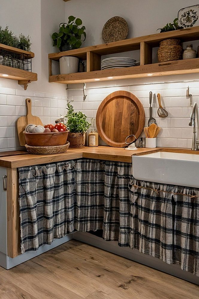 Adding Plaid Fabric Counter Curtains to Your Sink Base