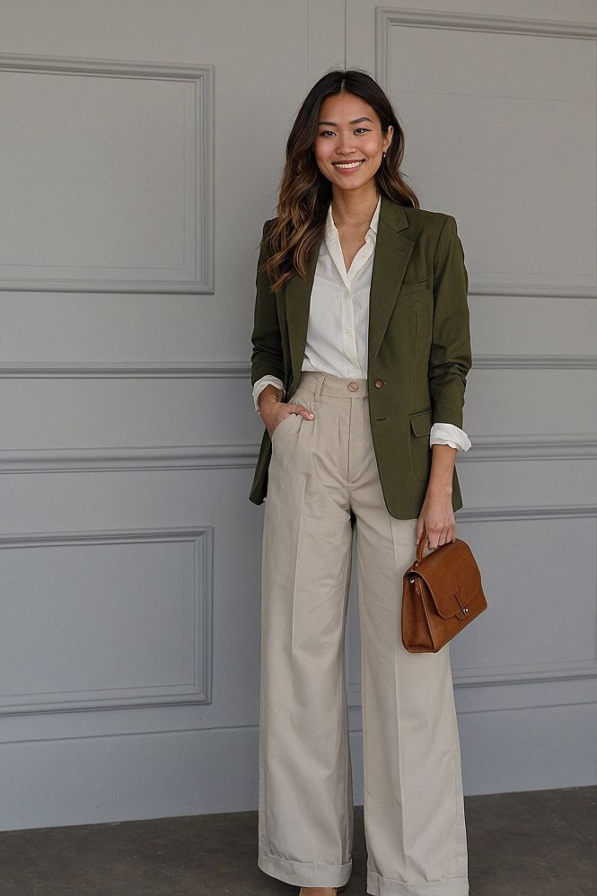 Pairing An Olive Blazer With Neutral Trousers