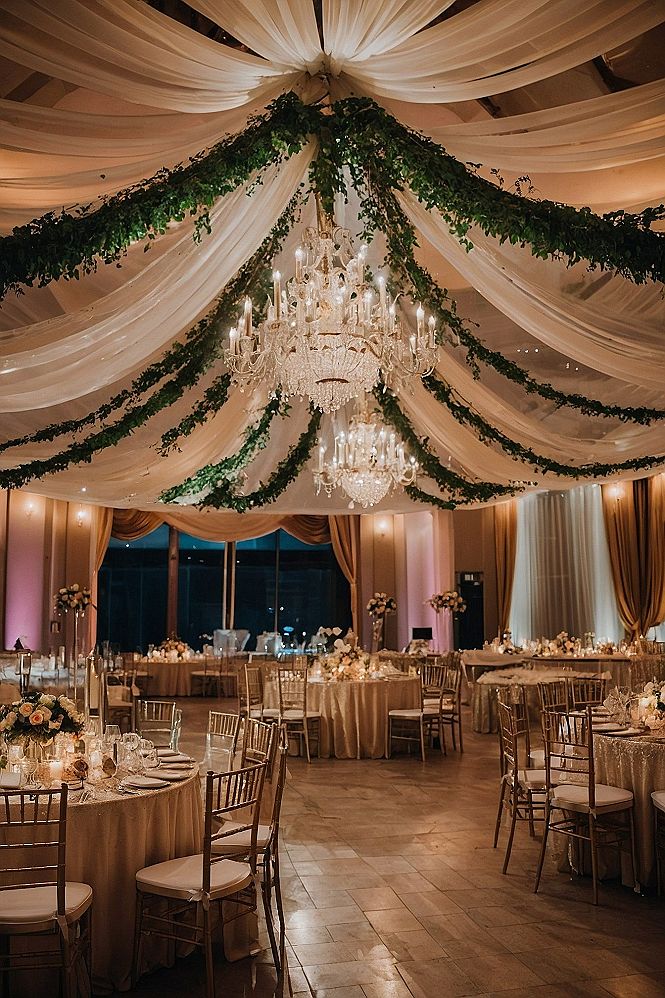 Draped Ceiling Canopies and Hanging Florals for Receptions