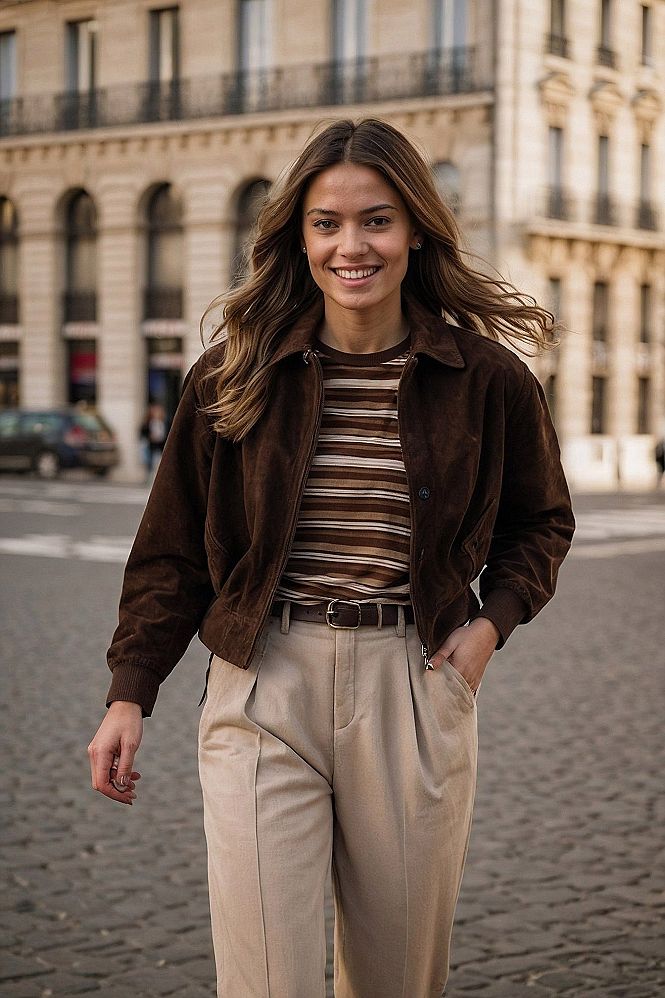 Styling a Suede Jacket with Striped Tops and Neutral Trousers