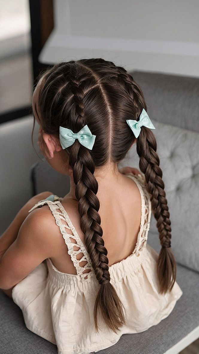 Dual French Braids with Simple Bow Accessories