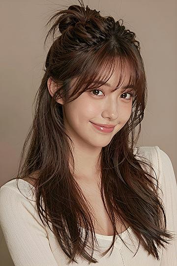 Half Up Top Knot With Wispy Curtain Bangs