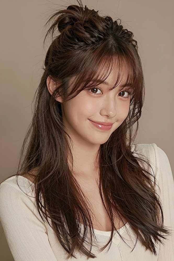 Half Up Top Knot With Wispy Curtain Bangs