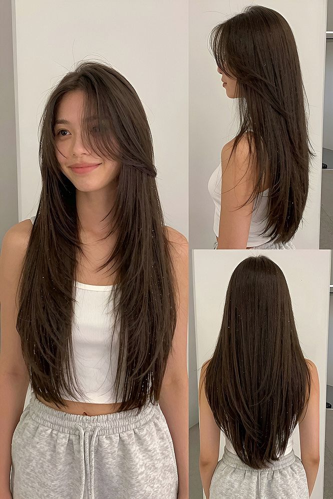 Long Layered Cut With Soft Curtain Bangs