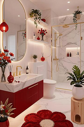 Adding Bright Red Accents to a White Luxury Bathroom