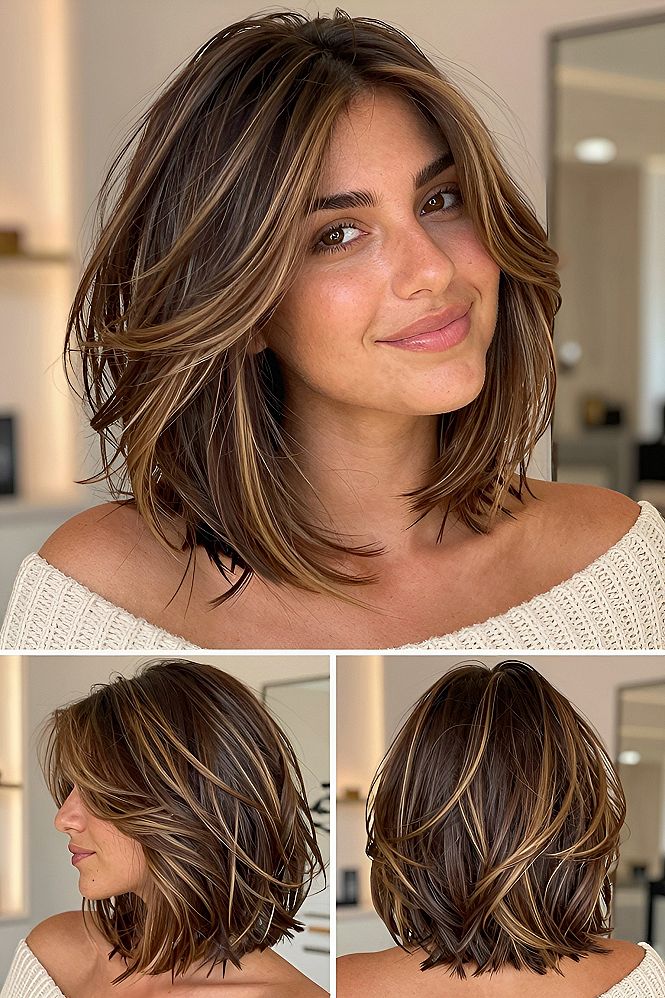 Choosing Layered Medium Length Hair With Warm Honey Highlights
