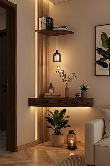 Dual Tier Corner Floating Shelves with Integrated Accent Lighting