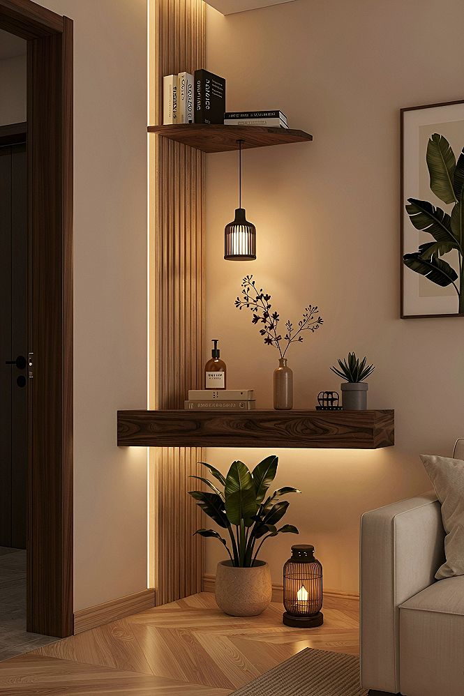 Dual Tier Corner Floating Shelves with Integrated Accent Lighting