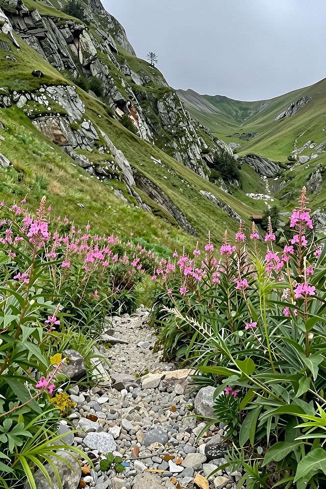 Framing Alpine Wildflowers Along Mountain Paths