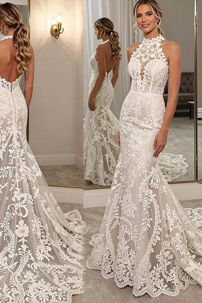 High Neck Lace Halter Wedding Dresses for Classic Elegance
