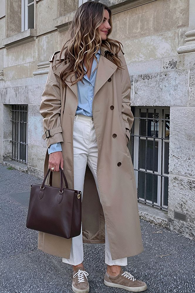 Pairing a Classic Trench Coat with Casual Denim and Sneakers