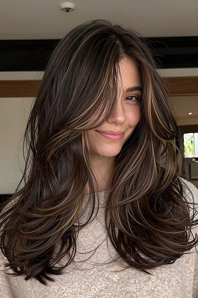 Subtle Honey Highlights on Long Espresso Strands