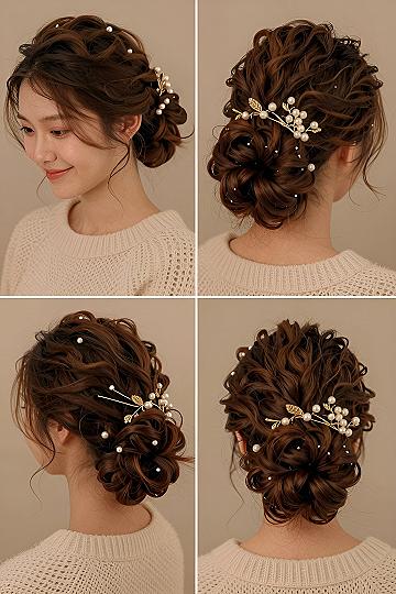 Curly Low Bun With Pearl Pins