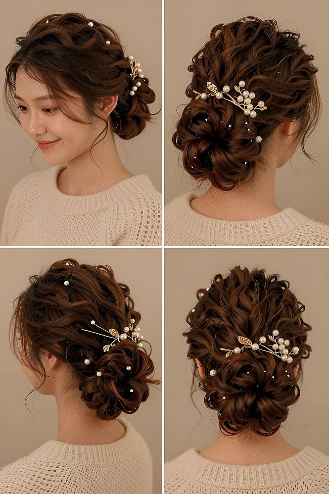 Curly Low Bun With Pearl Pins