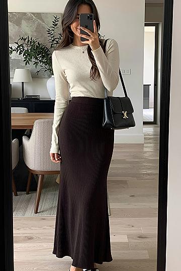 Pairing a Knit Midi Skirt With a Fitted Long Sleeve Shirt