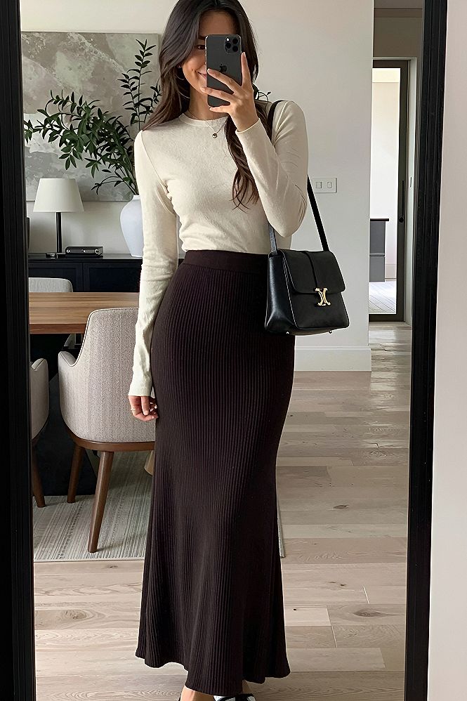 Pairing a Knit Midi Skirt With a Fitted Long Sleeve Shirt