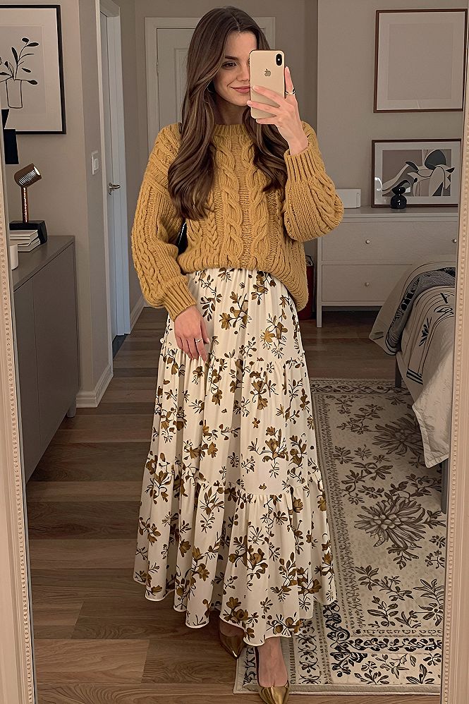 Styling a Mustard Cable Knit Sweater with a Floral Maxi Skirt