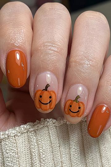 Simple Smiling Pumpkin Nail Art For October