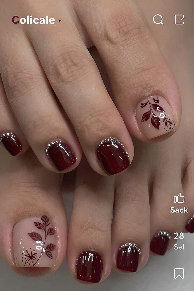 Adding Delicate Leaf Art to Burgundy Gel Pedicures
