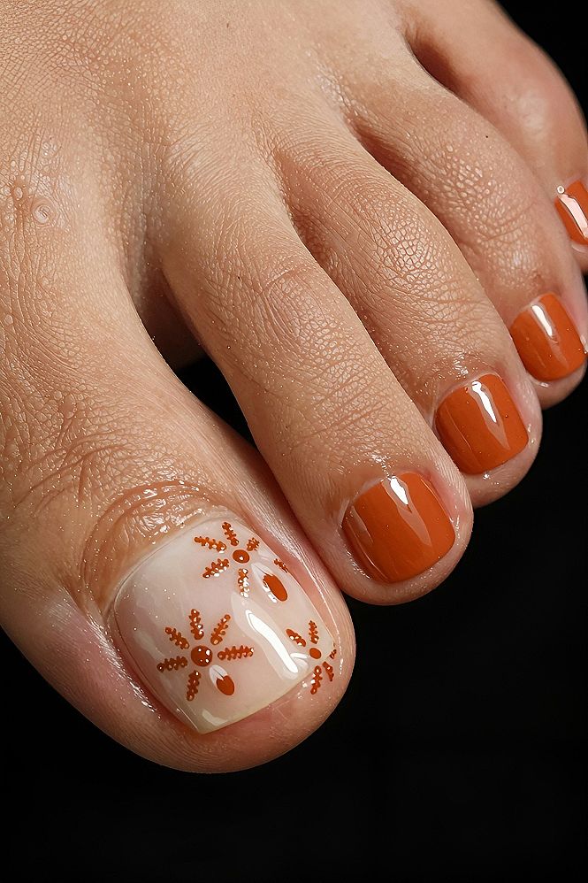 Rich Terracotta Pedicures With Subtle Floral Nail Art