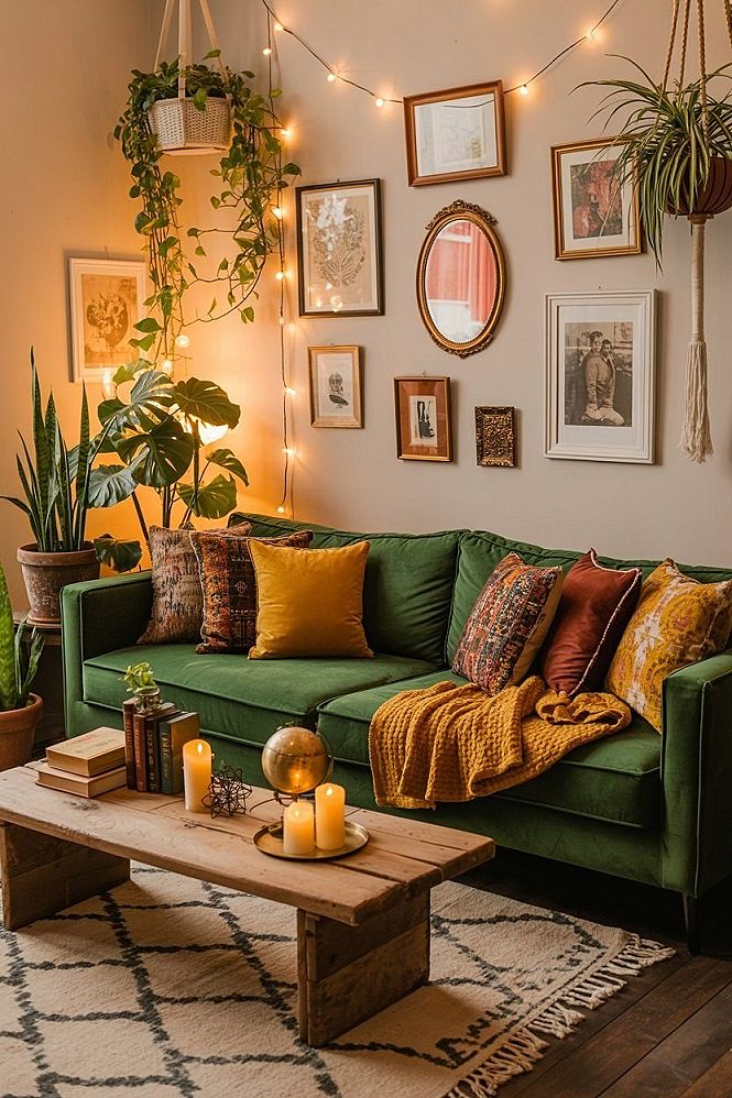 Bohemian Living Room: Earthy Greens & Eclectic Charm for Cozy Vibes