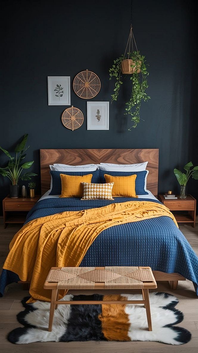 Moody Modern Boho Bedroom: Bold Mustard Yellow & Dark Walls