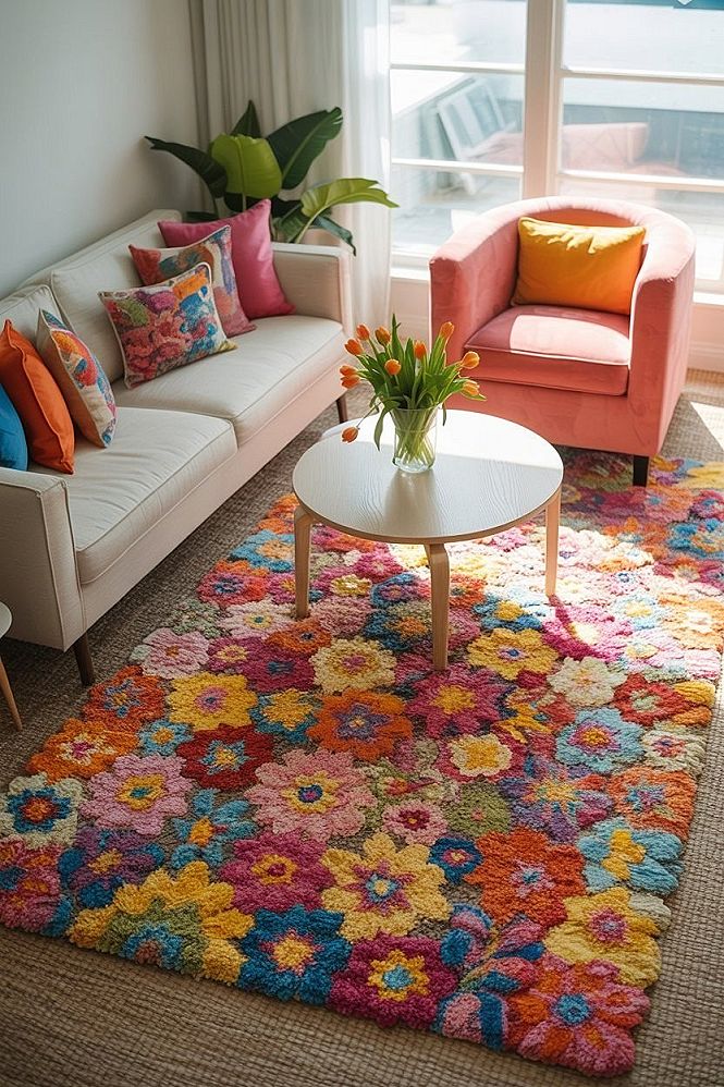Vibrant Living Room: Colorful Floral Rug & Playful Home Decor