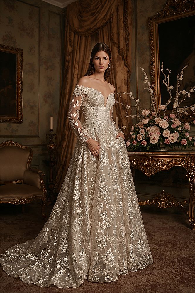 Elegant Off-Shoulder Long Sleeve Lace Wedding Dress Inspiration
