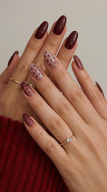 Cozy Winter Nails: Elegant Maroon Polka Dot Gel Manicure Inspo
