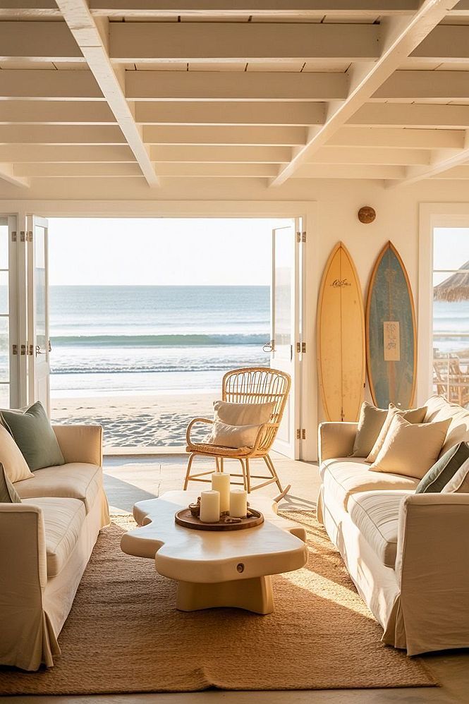 Chic Coastal Living Room: Modern Beach House Vibes & Surfboards