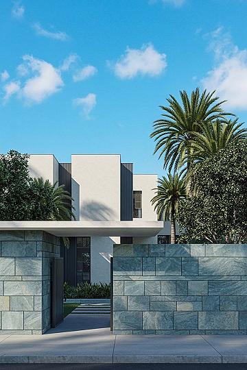 Grand Entrance: Modern House Exterior with Stone Fence