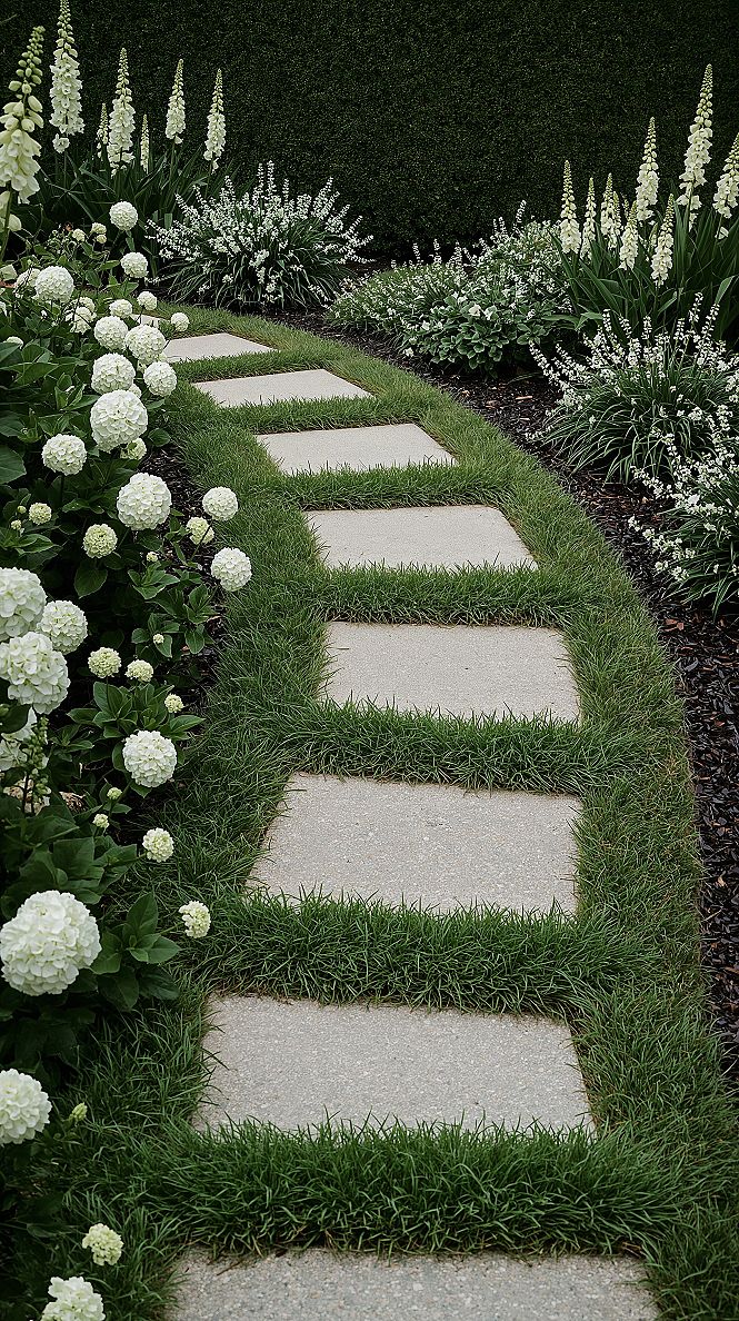 Cozy Whimsical Garden Paths: White Flower Landscaping Ideas