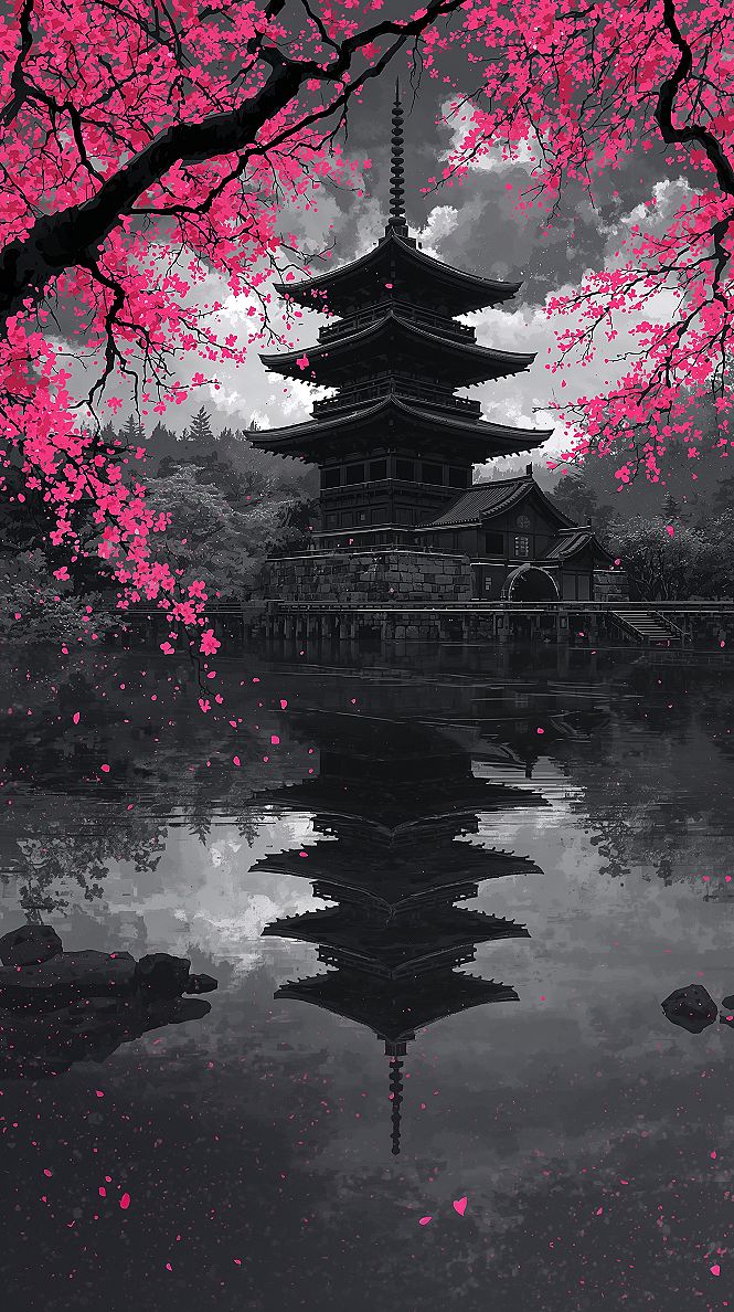 Stunning Pink & Grey Japanese Landscape Wallpaper 4K