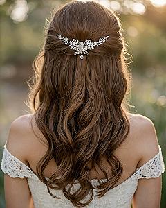 Half Up Wedding Hairstyle With A Sparkling Floral Comb