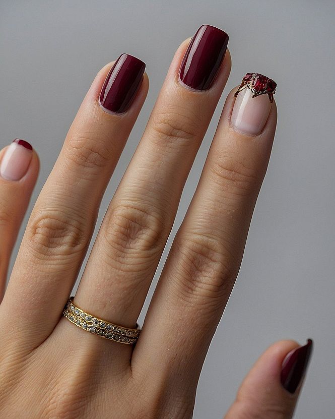 Short Gel Nails Featuring Dramatic Gemstone Accents