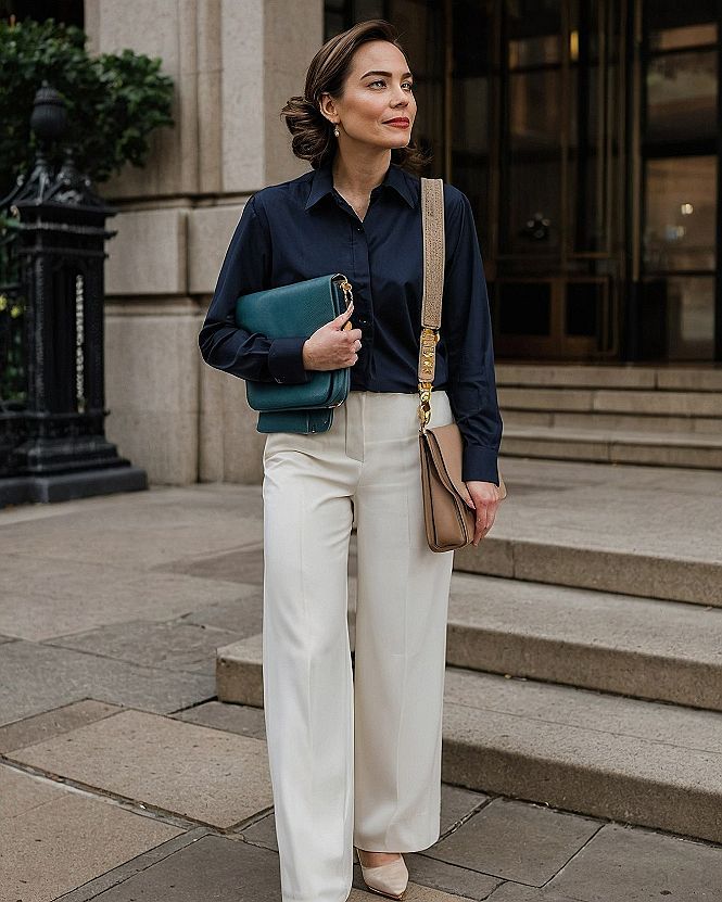 Pairing a Brown Cardigan with Dark Shirts and White Pants