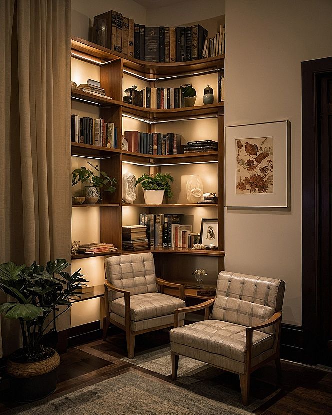 Maximizing Space With Built In Corner Bookshelves