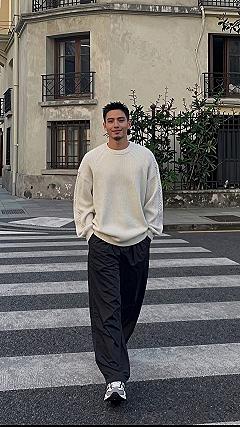 Pairing a Crewneck Knit Sweater With Relaxed Trousers