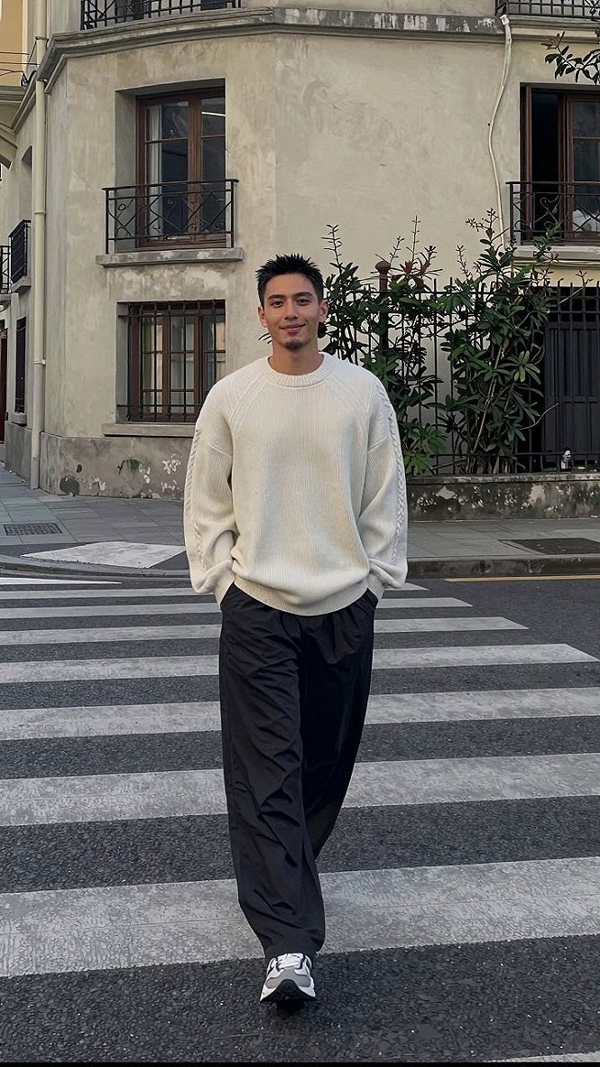 Pairing a Crewneck Knit Sweater With Relaxed Trousers