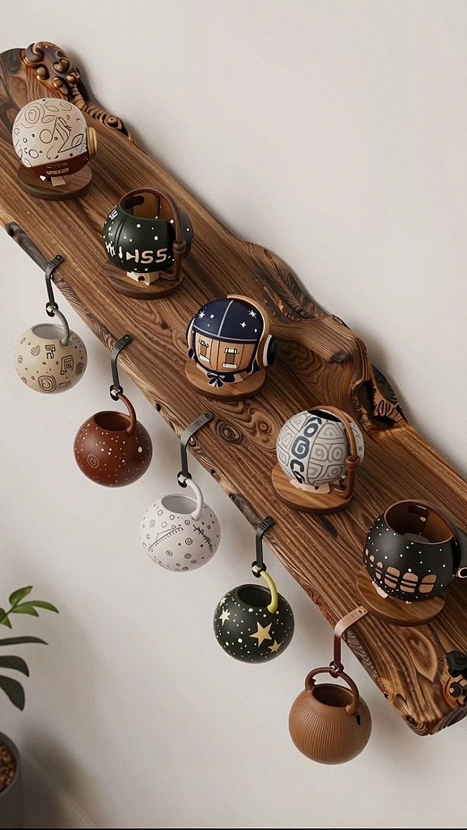 Displaying Handcrafted Ceramic Orbs On Natural Wood Shelves