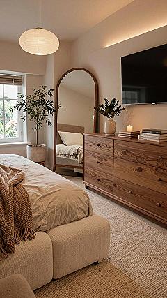 Adding Warm Wood Tones to a Neutral Bedroom