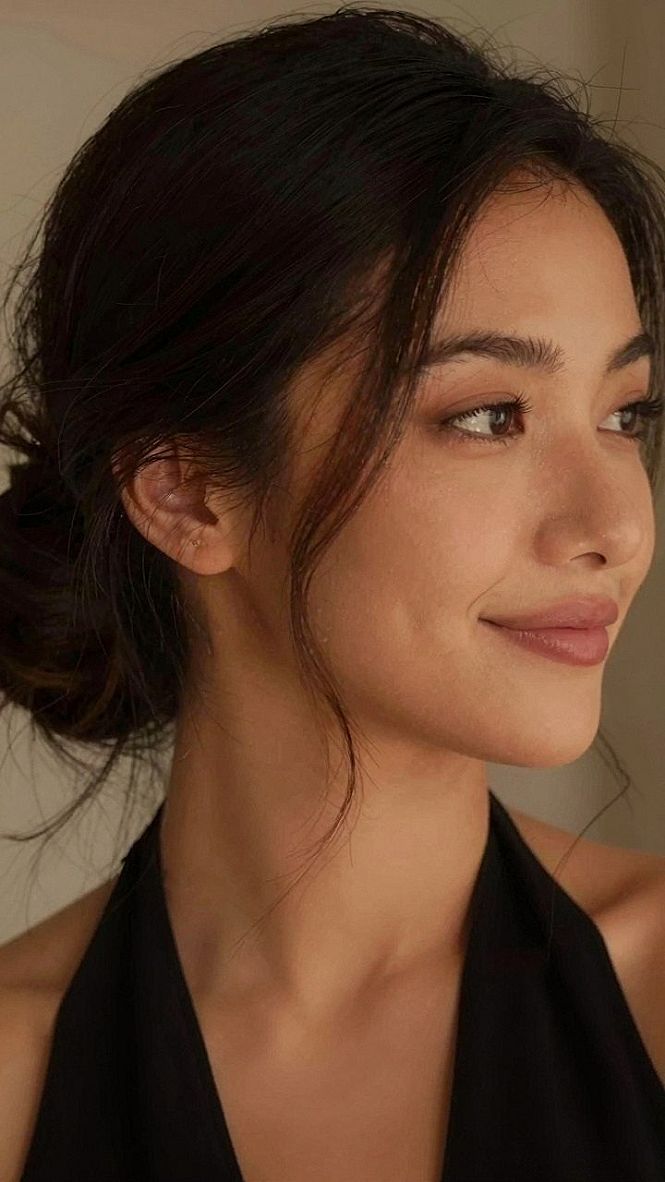 Wispy Face Framing Tendrils with a Low Chignon